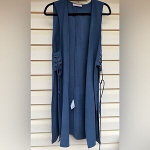 BCBG, dark blue/aquamarine long vest, side panel fasteners, sleeveless, XS/S